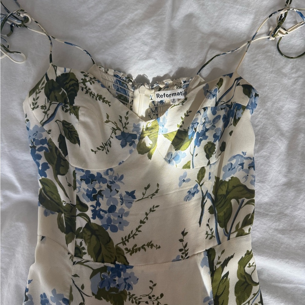 Reformation White Dress with Blue and Green Floral Design